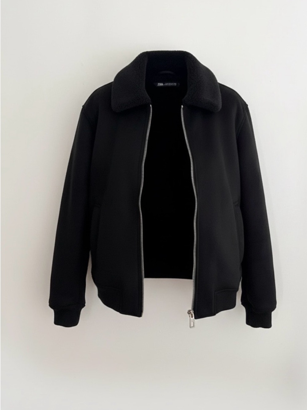 Zara Black Bomber Jacket with Sherpa Collar - Picture 3 of 4